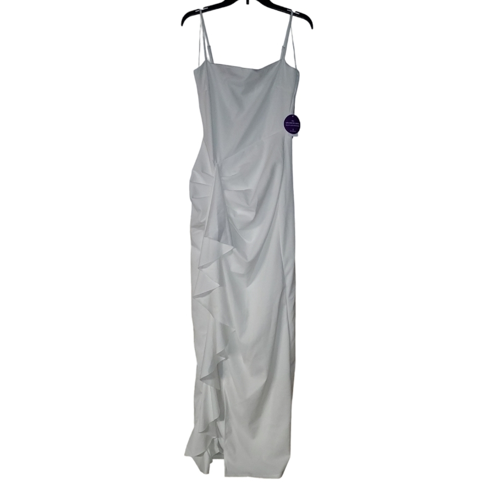 WINDSOR Maggie white Ruffled High Slit Crepe Formal Dress - Picture 3 of 10